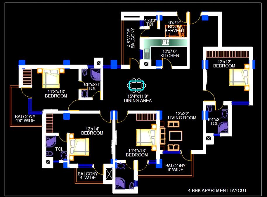 Modern 4 BHK Apartment Layout - Autocad DWG